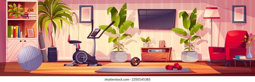 Gym at home - interior of domestic room with furniture, TV and potted flowers, exercise bike, fitness mat, ball and wheel, dumbbells and jump rope. Cartoon equipment for cardio and strength workout.