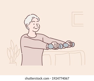 Gym At Home. Positive Aged Woman Training With Dumbbells In Living Room. Hand drawn style vector design illustrations.