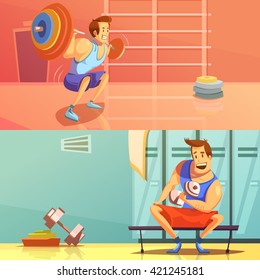 Gym horizontal banners set with weightlifting symbols cartoon isolated vector illustration 