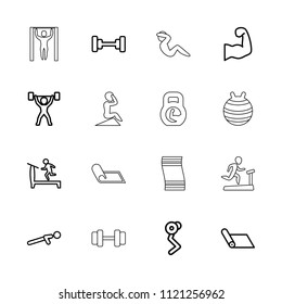 Gym icon. collection of 16 gym outline icons such as treadmill, barbell, man doing exercises, carpet, push up, muscular arm. editable gym icons for web and mobile.