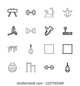 Gym icon. collection of 16 gym outline icons such as carpet, barbell, fitness equipment, man doing exercises, boxing bag, trainers. editable gym icons for web and mobile.