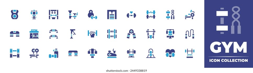 Gym icon collection. Duotone color. Vector illustration. Containing gymstation, gym, dumbbell, workout, bench, elliptical, fitness, kettlebell, dumbell, homegym, gymmachine, rowingmachine, step.