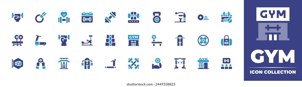 Gym icon collection. Duotone color. Vector illustration. Containing dumbbell, gym, dumbell, lifting, dumbbells, sportbag, handgrip, weightlifting, weightplates, pullup, fitness, forbidden, treadmill.