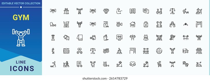 Gym icon. Contains related to athletic, training, bodybuilding, health, fitness, healthy, fit and more. Icons for application. Exercise linear icon collection. Vector illustration. Pixel perfect.