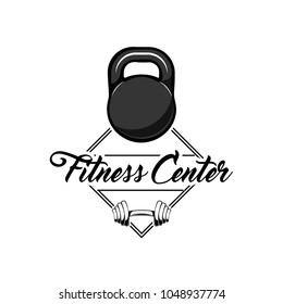 Gym icon. Dumbbell icon. Barbell icon. Fitness center logo label emblem. Vector illustration.