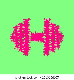 Gym icon. Dumbbell icon. Bodybuilding and weightlifting sport equipment. Vector. Magenta rough icon on greenish background. Isolated.