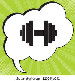 Gym icon. Dumbbell icon. Bodybuilding and weightlifting sport equipment. Vector. Black icon in speech bubble at popart yellow green background.