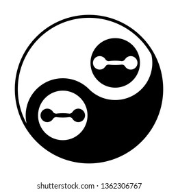 Gym icon. Dumbbell icon. Bodybuilding and weightlifting sport equipment. Vector. Black and white icon inside circles of yin and yang symbol  at white background.