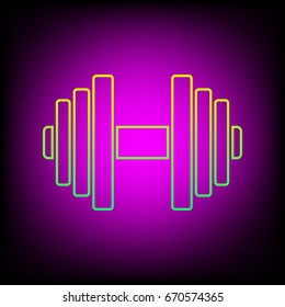Gym icon. Dumbbell icon. Bodybuilding and weightlifting sport equipment. Vector. Yellow-green gradient linear icon on magenta light as background