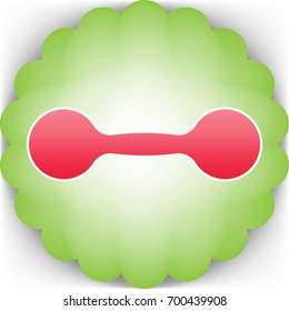 Gym icon. Dumbbell icon. Bodybuilding and weightlifting sport equipment. Vector. Pinkish icon with white contour on green background which similar to flower.