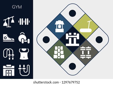  gym icon set. 13 filled gym icons. Simple modern icons about  - Barbell, Gym, Skip rope, Jumping rope, Abs, Sneakers, Weightlifting, Weights, Dumbbell, Treadmill, Well