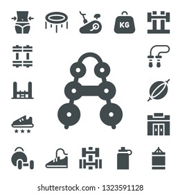 gym icon set. 17 filled gym icons.  Collection Of - Fitness, Weights, Trampoline, Barbell, Sport shoe, Jumping rope, Punching bag, Gym, Weightlifting, Sport shoes, Stationary bike