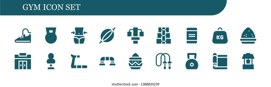 gym icon set. 18 filled gym icons.  Collection Of - Sport shoes, Dumbbell, Fitness, Punching bag, Gym station, Powder, Weight, Treadmill, Push up, Jumping rope, Carpet, Well