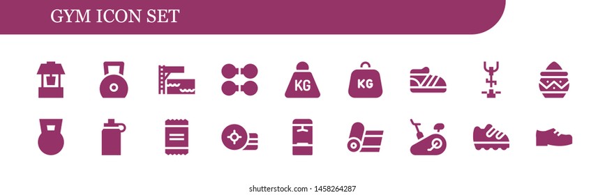 gym icon set. 18 filled gym icons.  Simple modern icons about  - Well, Weight, Trampoline, Dumbbell, Shoe, Stationary bike, Powder, Isotonic, Locker, Yoga, Shoes