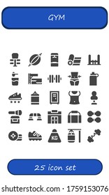 gym icon set. 25 filled gym icons.  Simple modern icons such as: Exercise, Punching bag, Locker, Yoga, Trampoline, Powder, Dumbbell, Fitness, Isotonic, Sport shoe, Punching ball