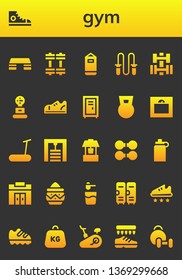 gym icon set. 26 filled gym icons.  Simple modern icons about  - Fitness step, Sneakers, Weights, Punching bag, Jumping rope, Dumbbell, Weight, Locker, Treadmill, Gym station