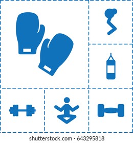 Gym icon. set of 6 gym filled icons such as barbell, boxing gloves, barbell   isolated, boxing bag, man doing exercises