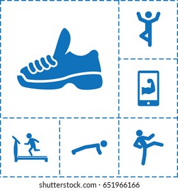 Gym icon. set of 6 gym filled icons such as treadmill, muscular arm  on phone, trainers