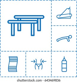 Gym icon. set of 6 gym outline icons such as slim, treadmill, boxing bag, horizontal bar, man doing exercises