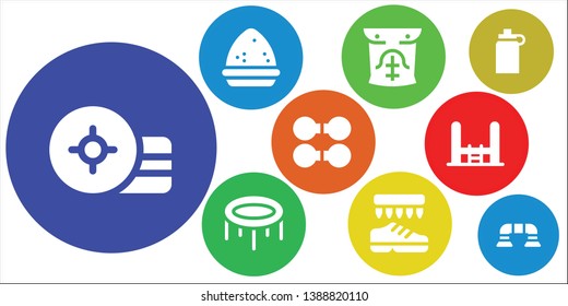 gym icon set. 9 filled gym icons.  Simple modern icons about  - Weight, Powder, Abs, Trampoline, Shoes, Dumbbell, Isotonic, Push up