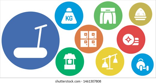 gym icon set. 9 filled gym icons.  Collection Of - Treadmill, Weight, Boxing shorts, Well, Weights, Lockers, Powder, Weightlifting