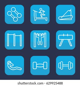 Gym icon. set of 9 outline gym icons such as treadmill, barbell, bar   tightening, abdoninal workout, dumbbell, horizontal bar
