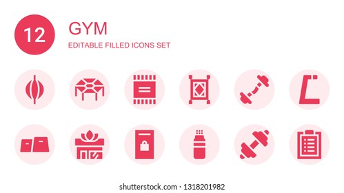 gym icon set. Collection of 12 filled gym icons included Punching bag, Trampoline, Powder, Carpet, Dumbbell, Gym, Yoga, Locker, Fitness, Workout