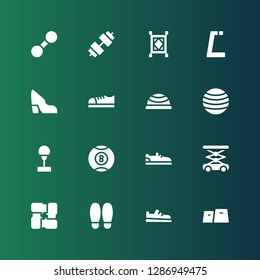 gym icon set. Collection of 16 filled gym icons included Gym, Shoe, Arms, Lift, Billiard, Punching ball, Fitness ball, Bosu ball, Shoes, Carpet, Dumbbell