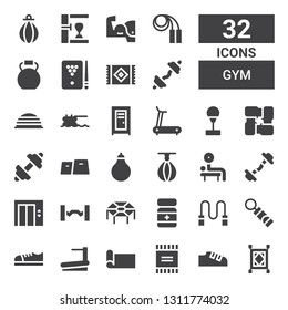 gym icon set. Collection of 32 filled gym icons included Carpet, Shoes, Powder, Yoga mat, Treadmill, Training whistle, Skipping rope, Trampoline, Barbell, Lift, Dumbbell, Weightlifting