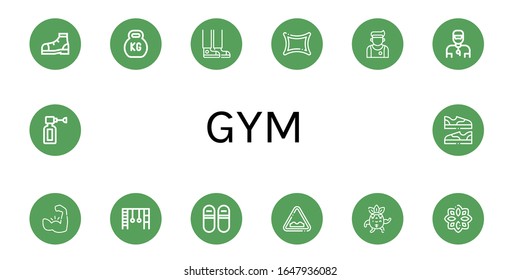 gym icon set. Collection of Shoe, Kettlebell, Sneaker, Rune, Athlete, Trainer, Muscle, Monkey bars, Sneakers, Uneven, Strong, Ear spray, Shoes icons