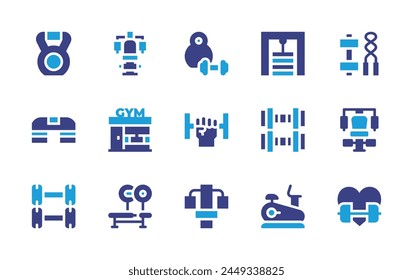 Gym icon set. Duotone color. Vector illustration. Containing gymstation, gym, dumbbell, workout, bench, elliptical, kettlebell, dumbell, step, fitness, multi.