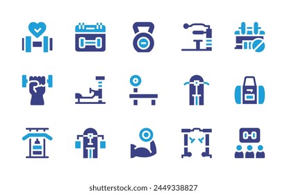 Conjunto de iconos de gimnasio. Color duotono. Ilustración vectorial. Conteniendo mancuerna, levantamiento, gimnasio, bolsa de deporte, fitness, prohibido, gymbars, gimnasio.