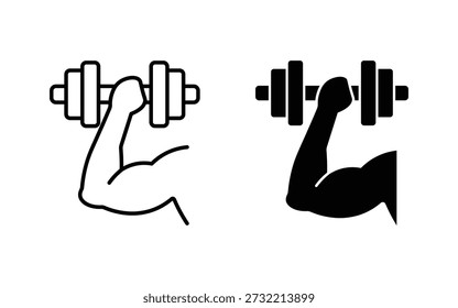 gym icon set featuring flexing biceps and dumbbells for strength training and workout designs. Muscle icon set. Flexed bicep arm icon.