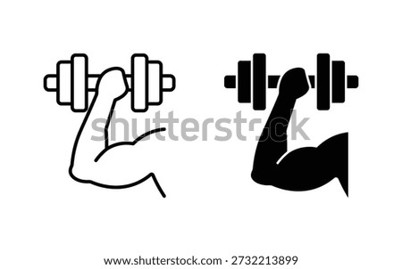 gym icon set featuring flexing biceps and dumbbells for strength training and workout designs. Muscle icon set. Flexed bicep arm icon.