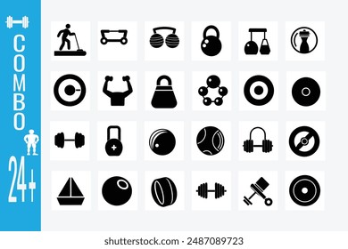 Gym icon set featuring various fitness and workout equipment vector illustration Perfect for gym branding apps and fitness-related designs