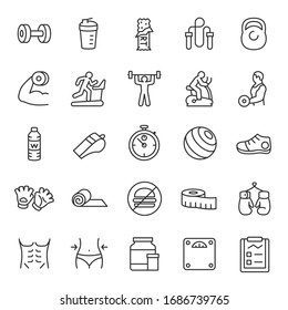 Gym, icon set. Fitness, linear icons. Line with editable stroke