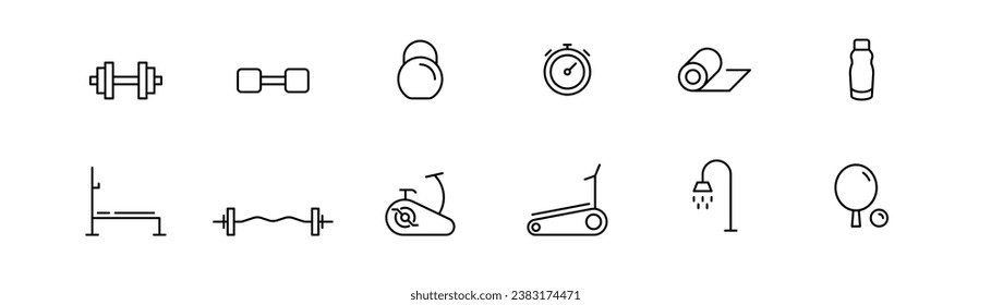 Gym icon set. Fitness icon. Workout line icons. Gym illustration. Editable stroke. Vector illustration.