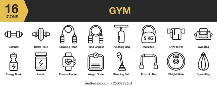 Gym icon set. Includes dumbell, energy drink, gym bag, push up bar, roller plate, and More. Outline icons vector collection.