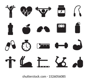 Gym Icon Set Pack Design, Healthy Lifestyle Fitness Bodybuilding Bodycare Activity Exercise And Diet Theme Vector Illustration