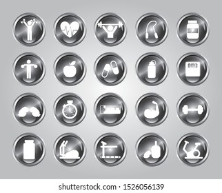 Gym icon set pack design, Healthy lifestyle fitness bodybuilding bodycare activity exercise and diet theme Vector illustration