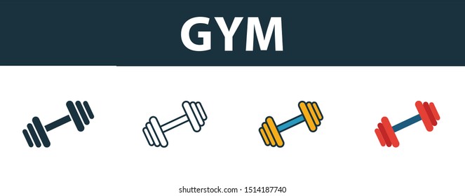 Gym icon set. Premium simple element in different styles from fitness icons collection. Set of gym icon in filled, outline, colored and flat symbols concept.