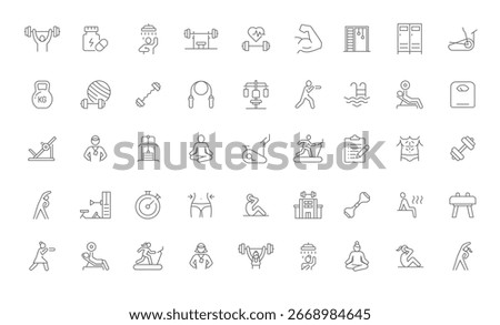 Gym icon set. Simple outline style. Sports equipment, exercises, Weight, strength, movement, sauna, dumbbell, yoga, boxing and more. Thin line symbol. Vector isolated design editable stroke