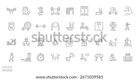 Gym icon set. Simple outline style. Sports equipment, exercises, Weight, strength, movement, sauna, dumbbell, yoga, boxing and more. Thin line symbol. Vector isolated design editable stroke