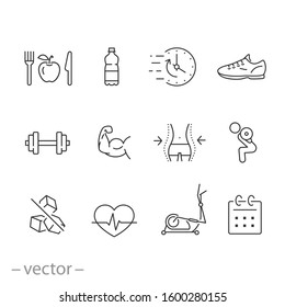 Gym Icon Set, Sport Fit Exercise, Workout Fitness, Diet, Health Lifestyle And More, Thin Line Web Symbol On White Background - Editable Stroke Vector Illustration Eps10