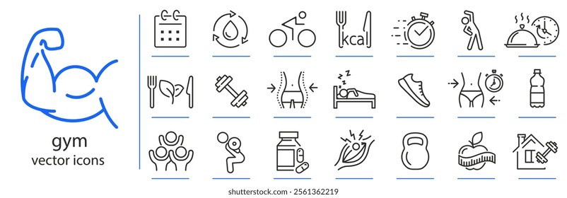 gym icon set, sport fit exercise, workout fitness icons, nutrition diet, health lifestyle and more, sport simple symbols on white background - editable stroke vector illustration eps10