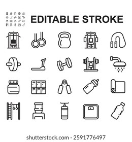 Gym icon set. Thin line style vector. Contains gym equipment icons.
