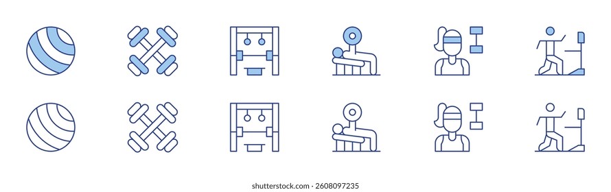 Gym icon set in two styles, Duotone and Thin Line style. Editable stroke. yoga ball, weight lifting, dumbbells, fitness, home gym, run.