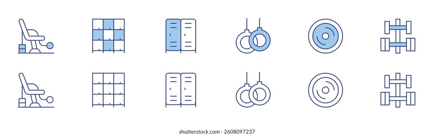 Gym icon set in two styles, Duotone and Thin Line style. Editable stroke. workout, rings, lockers, weight, locker, dumbbell.