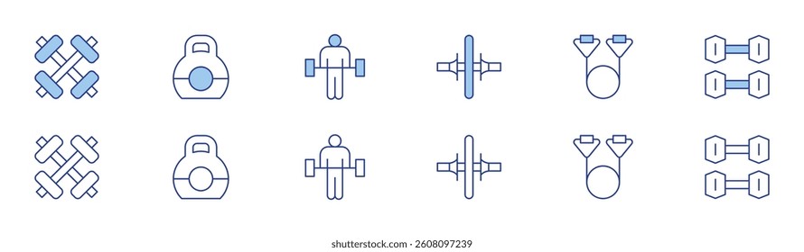 Gym icon set in two styles, Duotone and Thin Line style. Editable stroke. weightlifting, wheel, dumbbell, resistance band, barbell.