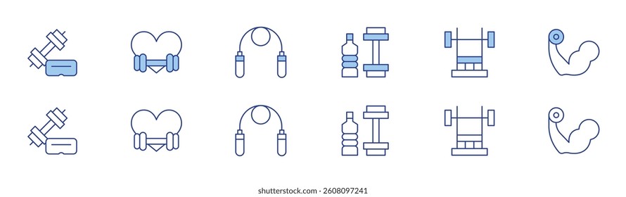 Gym icon set in two styles, Duotone and Thin Line style. Editable stroke. virtual reality, fitness, heart, gym machine, jumping rope, strong.